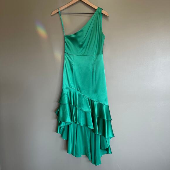 CINQ A SEPT Colina Satin One Shoulder Asymmetric Ruffle Dress Green Size 2 Chic - Picture 4 of 16